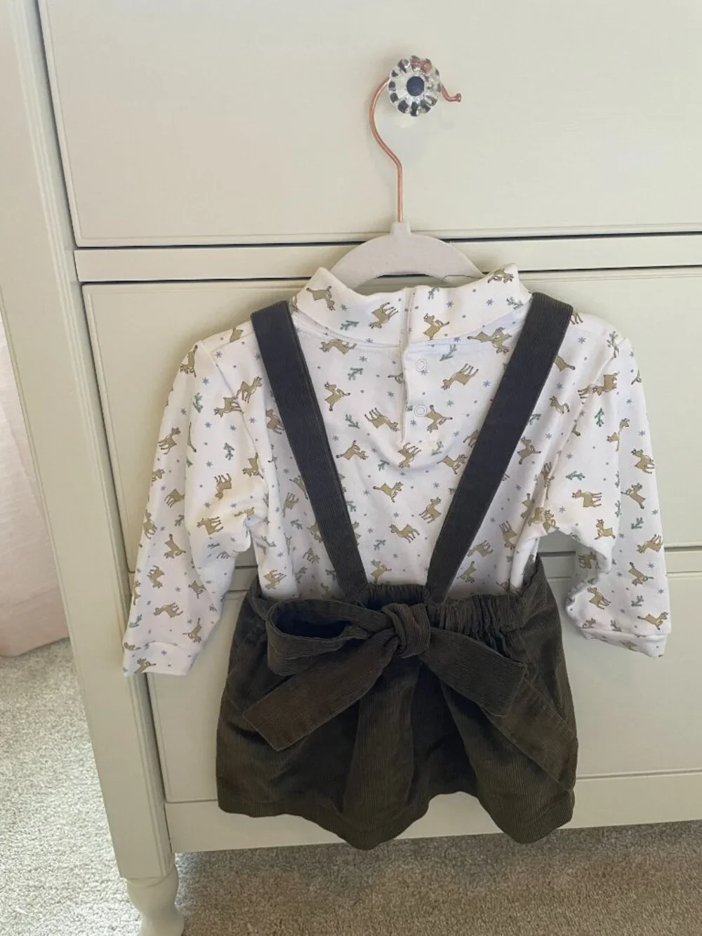 Bella Bliss Olive Corduroy Jumper with Reindeer Turtleneck Onesie Size 18/24M